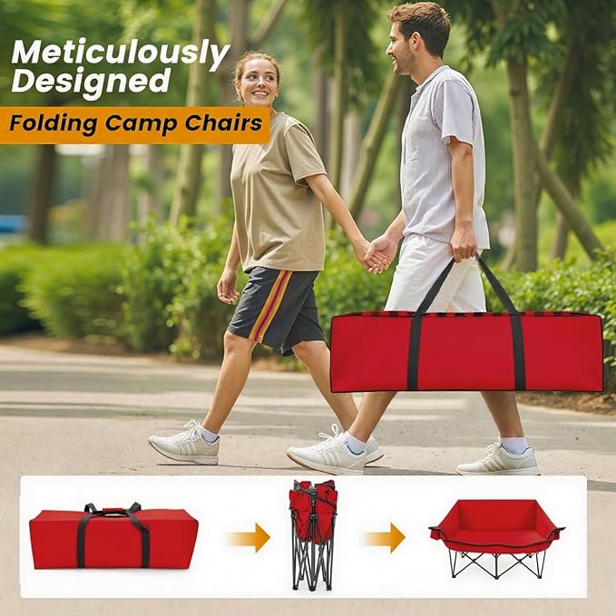 Heated Double Camping Chair with 2 Battery Padded Camping Couch with 3 Heat Levels and 4 Heating Zones Oversized Camp Loveseat Support 800lbs for Soccer Games Tailgating RV Travel Beach Days