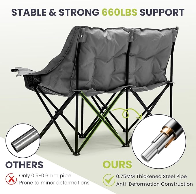 DoCred Double Camping Chair - Oversized Loveseat Padded Camp Chair 2 Person Camping Chairs for Adults Heavy DutyTwo Person Folding Chairs with Cup Holder for Outside Picnic Beach Travel