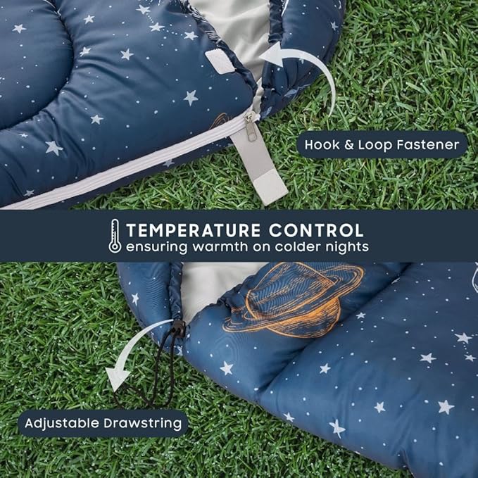 Wake In Cloud - Kids Sleeping Bag for Boys Toddlers Camping in Warm Cold Weather Backpacking Lightweight Compact Outdoor Liner for 3 Seasons Space Stars Rockets Galaxy