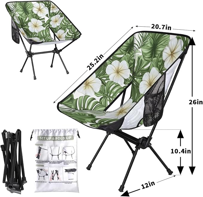 Honeybaby Folding Camping Chair Tropical Leaf Flower Camping Chairs Lightweight Portable Chair Outdoor Foldable Chairs for Camping Travel Picnic Beach Hiking