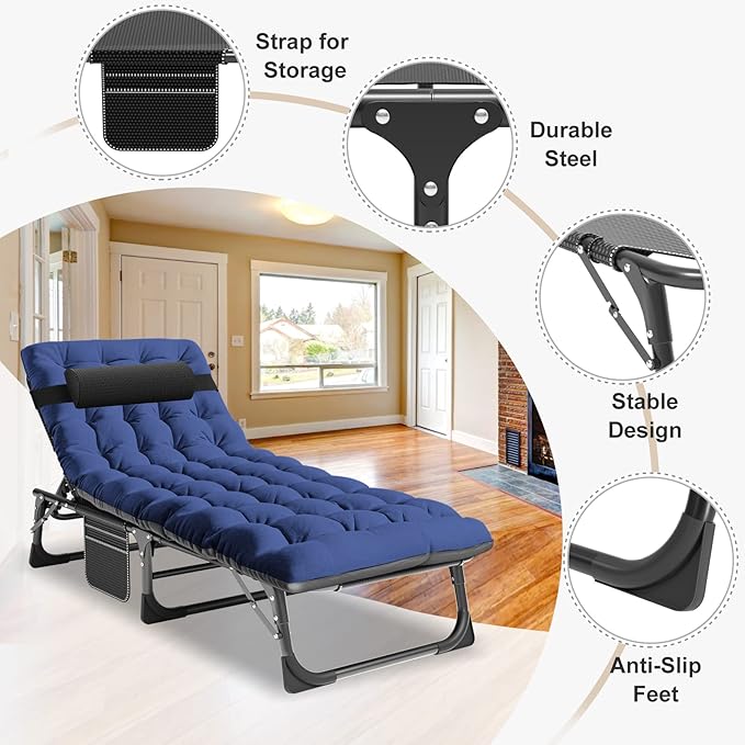 ABORON 5 Positions Camping Cots for AdultsOutdoor Folding Sleeping Cot/MatFolding Chaise Lounge Chair with PillowPortable Reclining Chair for Beach Lawn Camping PoolSunbathing Chairs