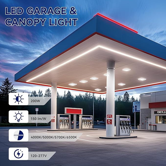 LED Canopy Light 200W Square Gas Station Light with 4CCT (6500K/5700K/5000K/4000K) 1-10V DimmableCanopy Lights for Garage Barn ETC&ampDLC Listed