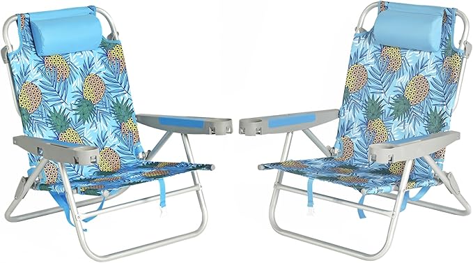 SUNNYFEEL Extra Wide Low Beach Chair 2 Pack 5 Position Lay XL Oversized Portable Folding Camping Chairs with Cup Holder for Outdoor/Sand Foldable Backpack Beach Chair for Adults Heavy Duty 500 LBS