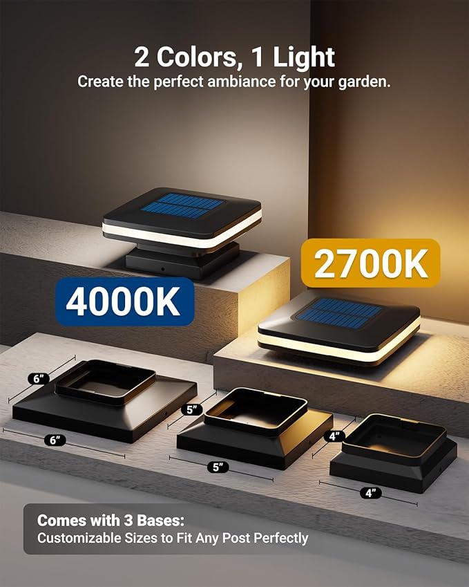 Sunco 6 Pack Solar Post Lights Outdoor Dusk to Dawn Black Square Solar Powered Landscape Lights for Yard Garden Lawn 2W 120 LM 2CCT: 2700K 4000K 2 Brightness Levels: Low 50% High 100%.