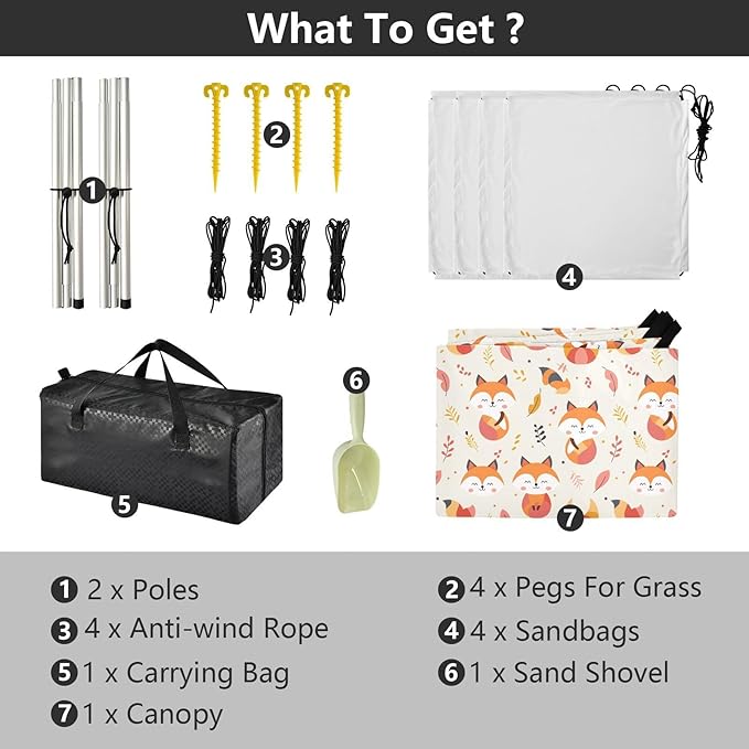 ALAZA Cute Fox Leaves Beach Tent Sun Shelter UPF50+ Protection Beach Shade Canopy w/ 4 Sandbags for Outdoor Camping Fishing Backyard Fun Picnic 10x9 ft