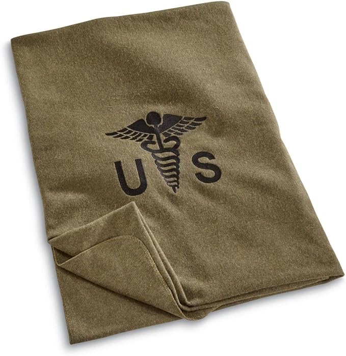 M MCGUIRE GEAR Military Style Wool Camping Survival and First Aid Blanket 64 x 90 Embroidered Caduceus Logo Olive Drab