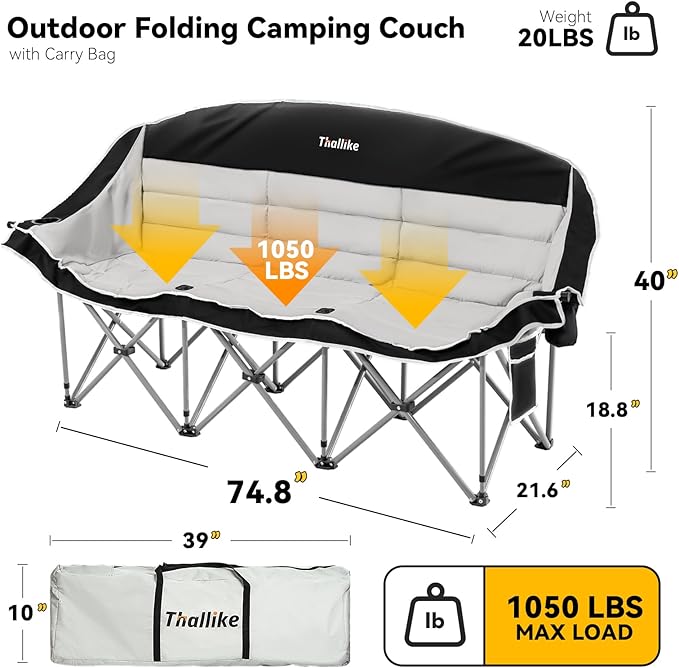 Double Camping Chair – 2-3 Person Outdoor Folding Sofa with Cup &amp Wine Glass Holders – Oversized Loveseat Camping Couch for Campfire RV Backyard – Supports Up to 1050 lbs