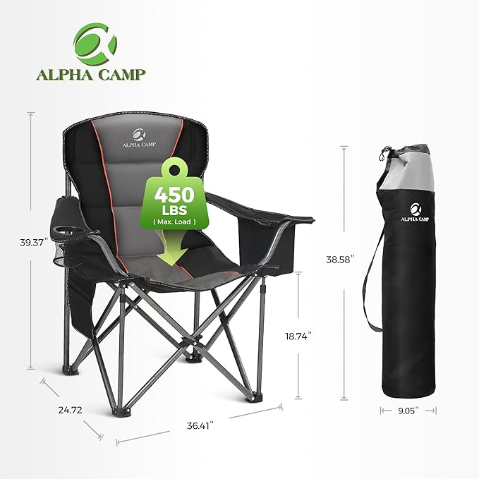 ALPHA CAMP Oversized Camping Chair Heavy Duty Lawn Chair with Cooler Bag (Black)