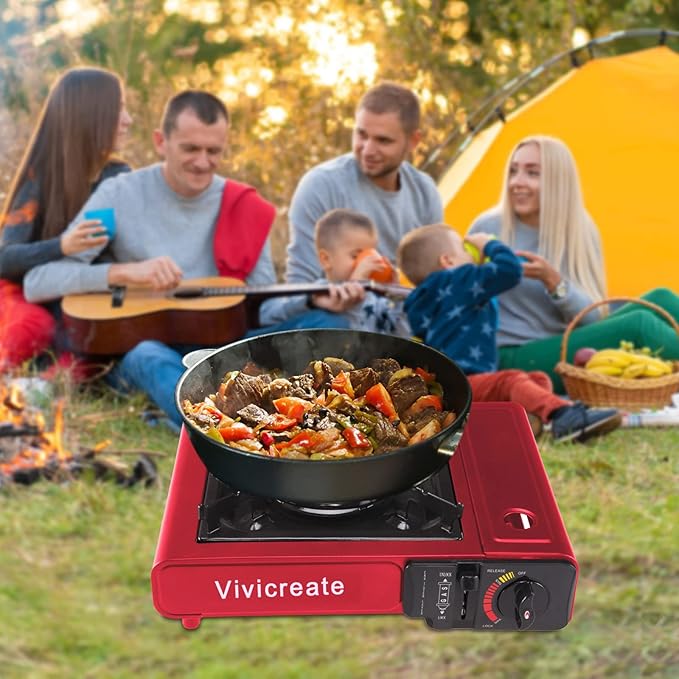 Vivicreate 8500 BTU Portable Butane Gas Stove for Camping Cooking Outdoor Lightweight Portable Stove Burner with Auto Ignition Estufa de Gas Portátil para Camping al Aire Libre(Red)