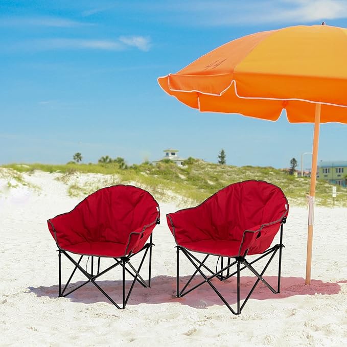 S AFSTAR Oversized Camping Chair Cushion Padded Moon Round Saucer Chair w/Cup Holder &amp Carry Bag Outdoor Leisure Folding Chair Portable Folding Camp Chair for Camping Fishing Supports 300lbs (