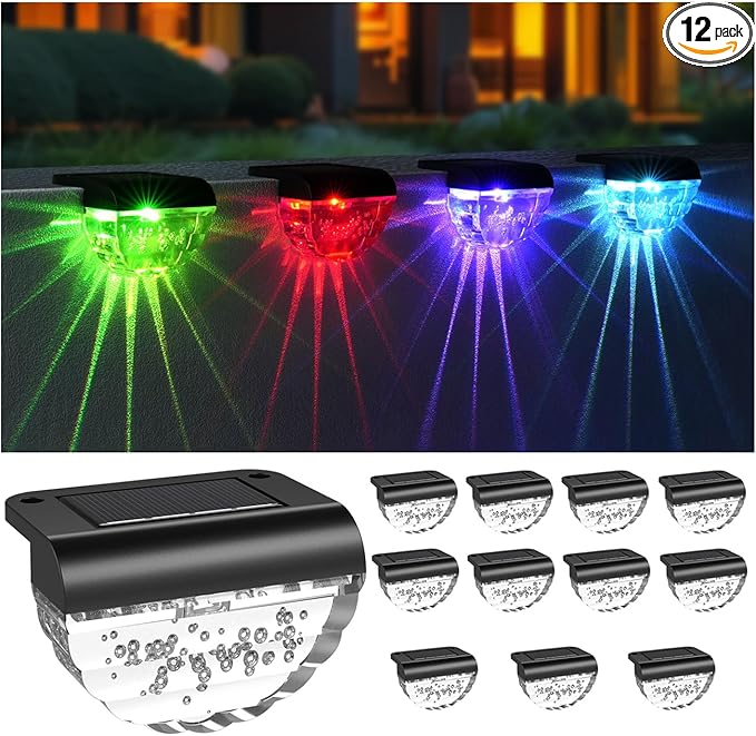 12 Pack Solar Deck Lights Outdoor Solar Step Lights Waterproof for Outside Yard Patio Garden Pool Railing Stairs Fence (Color Changing)