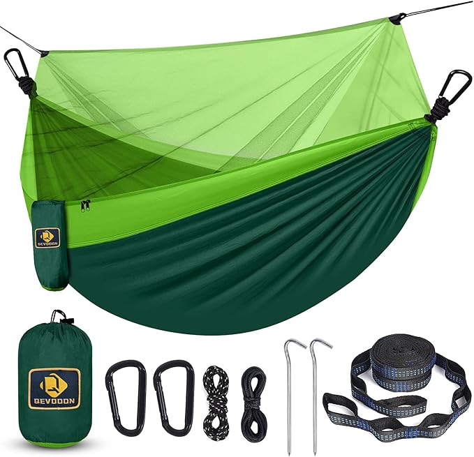 Camping Hammock with NetTravel Portable Lightweight Hammocks with Tree Straps and Solid D-Shape CarabinersParachute Nylon Hammock for Outsides Backpacking Beach Backyard Patio Hiking