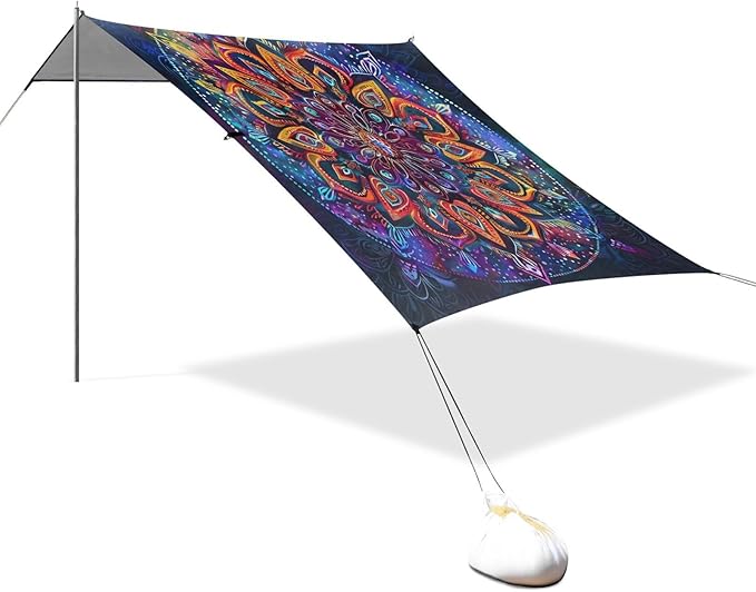 ALAZA Colorful Mandala Tye Die Beach Tent Sun Shelter UPF50+ Protection Beach Shade Canopy w/ 4 Sandbags for Outdoor Camping Fishing Backyard Fun Picnic 10x9 ft