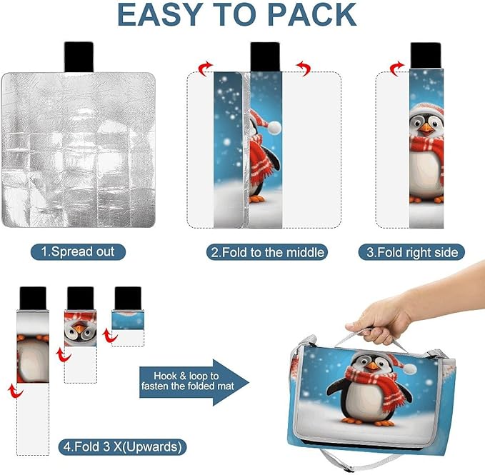 Christmas Funny Penguin Beach BlanketPortable Waterproof Picnic Blanket58.3''x 58.3'' Extra Large Picnic Mat for BeachCamping Grass Lawn Park Accessorie for Festival BBQ