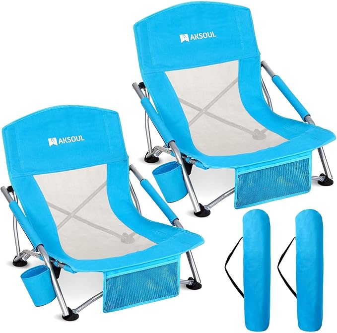 AKSOUL Folding Beach Chair for Adults: Low/High Back Chairs with Carry Bag - Extra Wide Seat Chair with Comfortable Pillow &amp Storage Pocket (1 Pack &amp 2 Pack Blue)