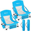 AKSOUL Folding Beach Chair for Adults: Low/High Back Chairs with Carry Bag - Extra Wide Seat Chair with Comfortable Pillow &amp Storage Pocket (1 Pack &amp 2 Pack Blue)