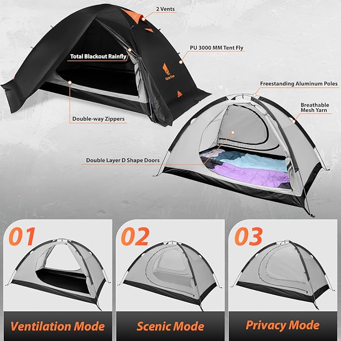 GEERTOP 2 Person 4 Season Blackout Camping Tent - Sleep in Darkroom Waterproof Rainfly Snow Skirt Lightweight Aluminum Pole Easy Setup for Hiking Mountaineering Family Camp