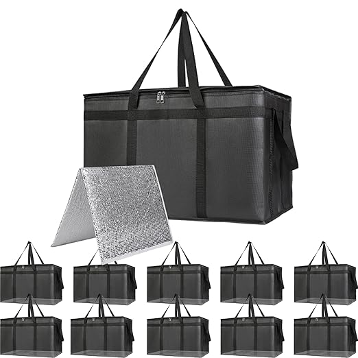 Bodaon Large 10-Pack Insulated Food Delivery Bag With Hard Bottom XXXL Catering/Pizza Cooler Bags Rideshare Delivery Bag Thermal Cold/Hot Styrofoam Carrier for Travel/Shopping/Car