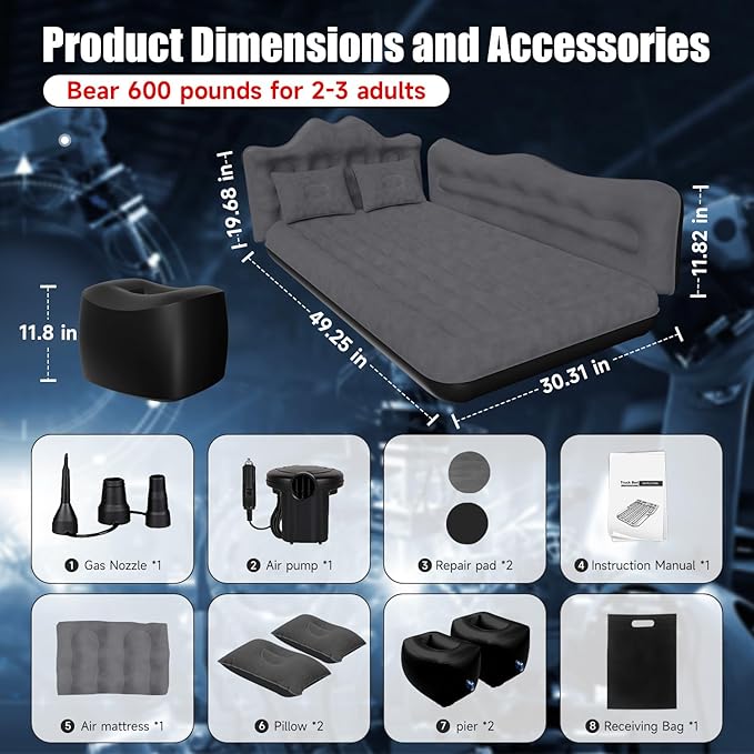 Car Air Mattress Inflatable SUV Truck Air Mattress Back Seat Camping Bed Thickened Car Sleeping Pad for Travel Car Bed SUV Mattress with Air Pump 2 Pillows