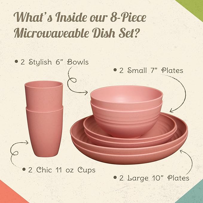 Camp Casual Camping Plates Cups and Bowls Set - 8-pc Wheat Straw Dinnerware Sets - 2 Bowls 2 Cups 2 Small &amp 2 Large Indoor/Outdoor RV Dishes - BPA Free Dishwasher &amp Microwave Safe (Boho Blu
