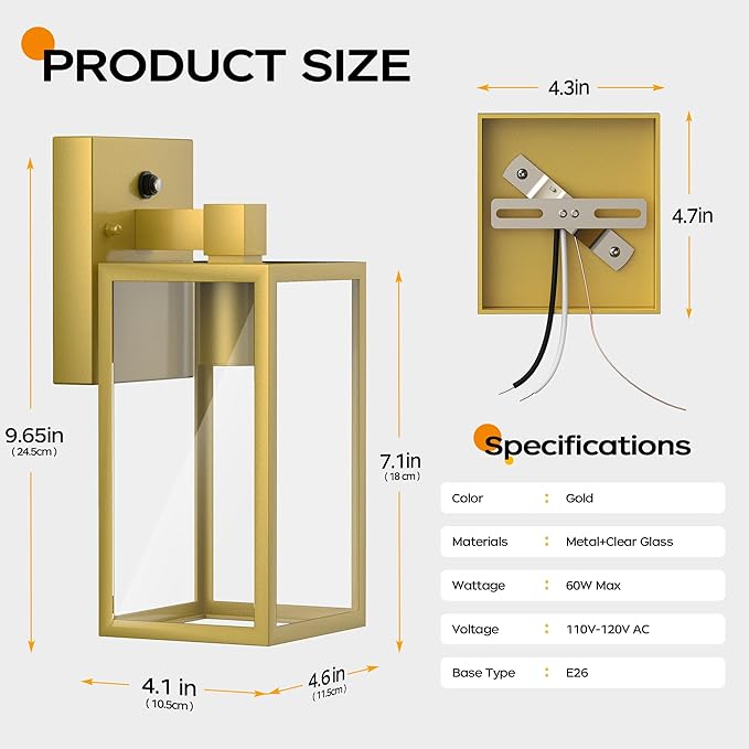 WIHTU Gold Dusk to Dawn Porch Lights Exterior Lighting Fixtures for House Waterproof Outdoor Wall Lights Wall Sconce Lamp Anti Rust Coach Lights for Doorway Garage