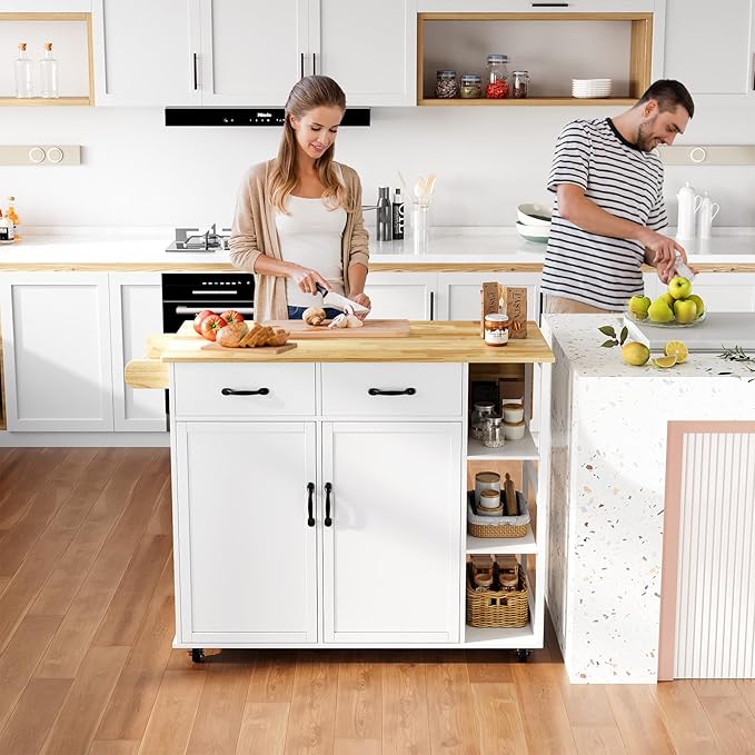 Rolling Kitchen Island Cart with Drop Leaf – 2-Door Cabinet 2 Drawers 3-Tier Spice Rack Towel Holder Bar Table – Ample Storage Utility Cart for Home or Dining Room – Pearl White