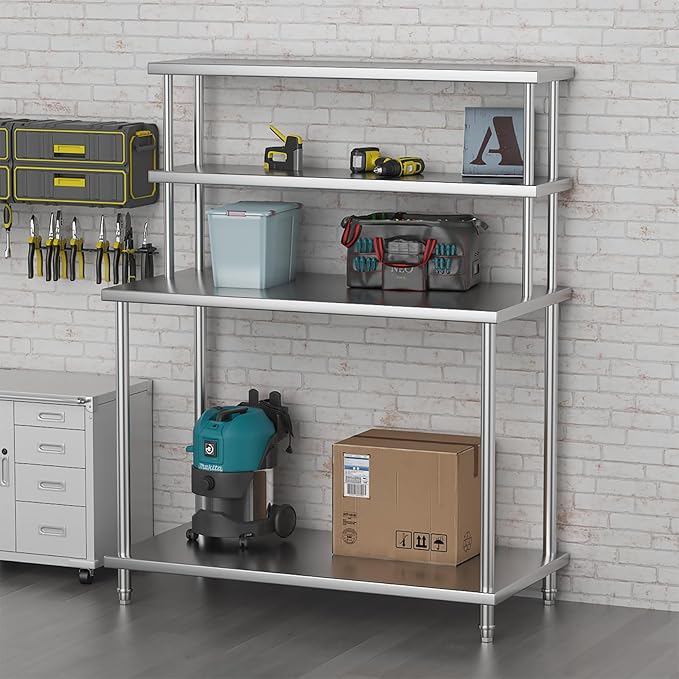 48x24 Stainless Steel Work Table with 2-Tier Adjustable Overshelves Commercial Prep Table for Kitchen Restaurant Garage Laundry Utility Room