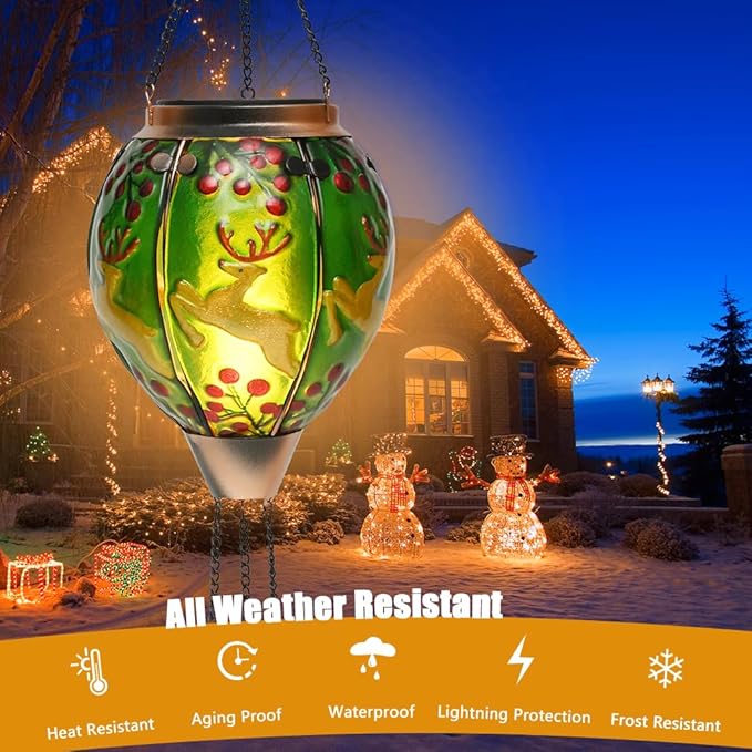 Solar Powered Hot Air Balloon Lantern - Reindeer Glass Lantern Simulated Flickering &amp Dancing Flame Outdoor Hanging Yard Light Waterproof IP65 for Patio Lawn Porch Christmas Decor Gift