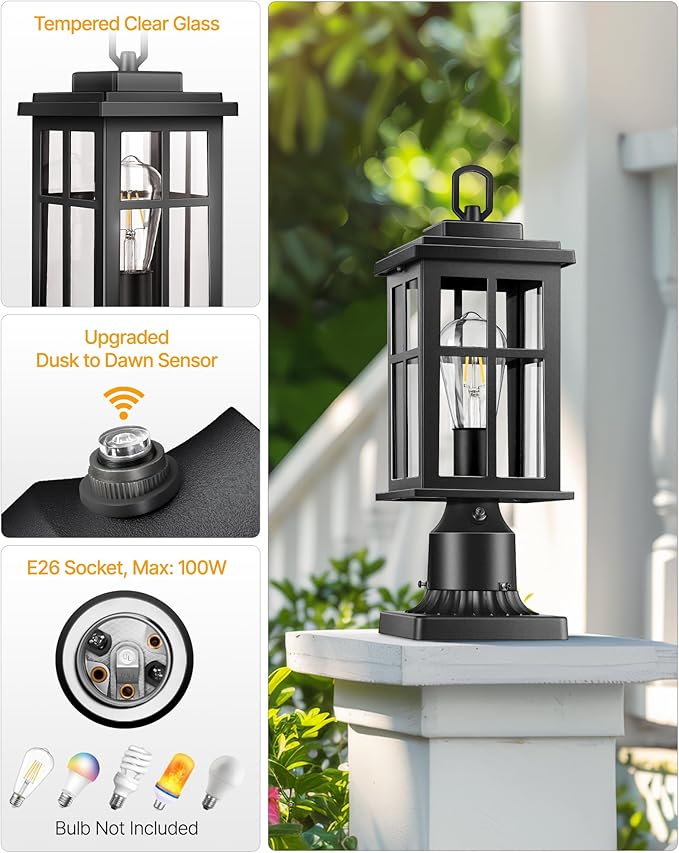 2 Pack Outdoor Post Lights Black Dusk to Dawn Post Lights Outside Waterproof Outdoor Column Lantern for House Garden Doorawy Backyard 100% Aluminum