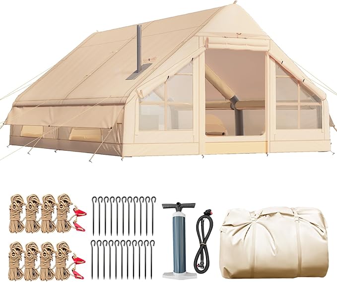 Yoleny Inflatable Tents for Camping with Stove Jack 8-10 Person Blow Up Tent Easy Setup with Hand Pump Portable 130 Square Waterproof Camping Tent