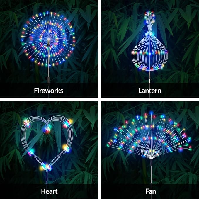 Outdoor Solar Garden Lights 4 Pack 120 LED Copper Wire Waterproof Garden Fireworks Lamp with Remote 8 Modes Decorative Sparkles Stake Landscape Light for Pathway Lawn Decor (Colorful)