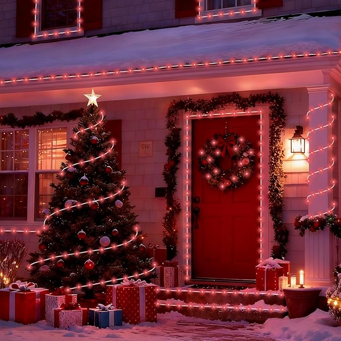YEGUO Solar Valentines Light Outdoor Waterproof 66ft 200 LED Red Rope Lights 8 Modes Tube Christmas String Lights in Clear Thin Tube