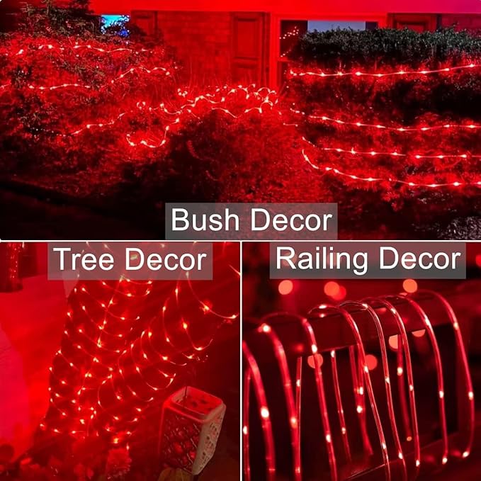 QITONG Red Solar Rope Lights Outdoor 2 Pack Each 33ft 100LED String Light 8 Modes Fairy Lights in Clear Thin Tube with 8 Modes