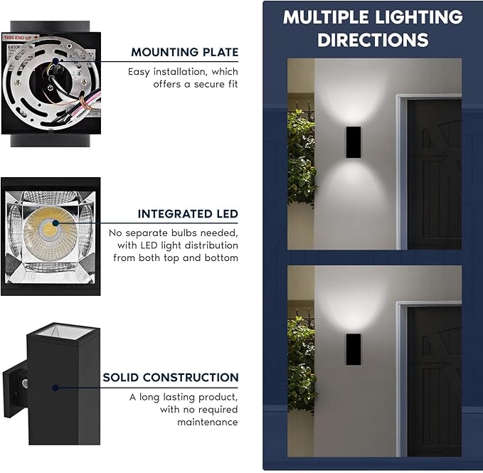 LUXRITE Dusk to Dawn LED Modern Outdoor Wall Lights 12 Up or Up and Down Light 3CCT 3000K-5000K Waterproof Square Wall Sconce 20/30/40W Dimmable IP65 ETL - Porch Patio Garage (2 Pack)