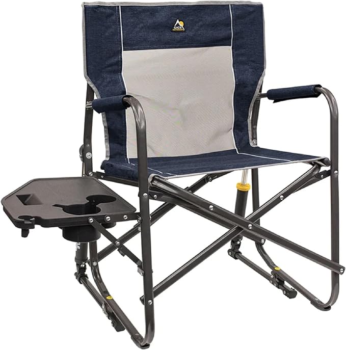 GCI OUTDOOR Freestyle Rocker with Side Table Camping Chair | Portable Folding Rocking Chair with Solid Durable Armrests Drink Holder &amp Comfortable Backrest — Heathered Indigo