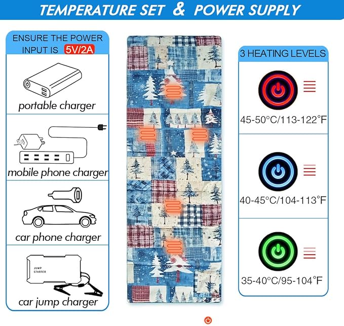 Heated Sleeping Bag pad 3 Adjustable Temperature Levels Heated Sleeping Bag Liner for Cold Weather Backpacking or Hiking Multi USB Power Supported (Christmas Tree 76 x 24)