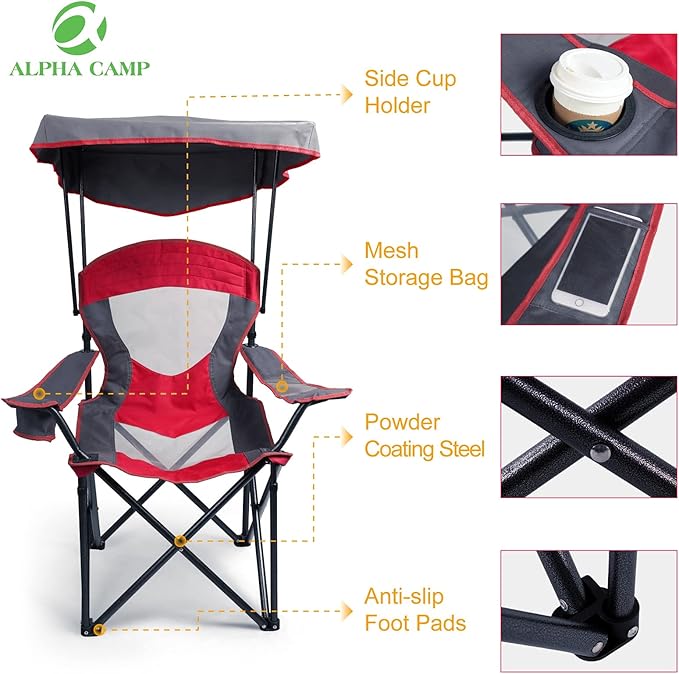 ALPHA CAMP Camp Chair with Shade Canopy Folding Camping Chair with Cup Holder and Carry Bag for Outdoor Camping Hiking Beach Heavy Duty 300 LBS Red