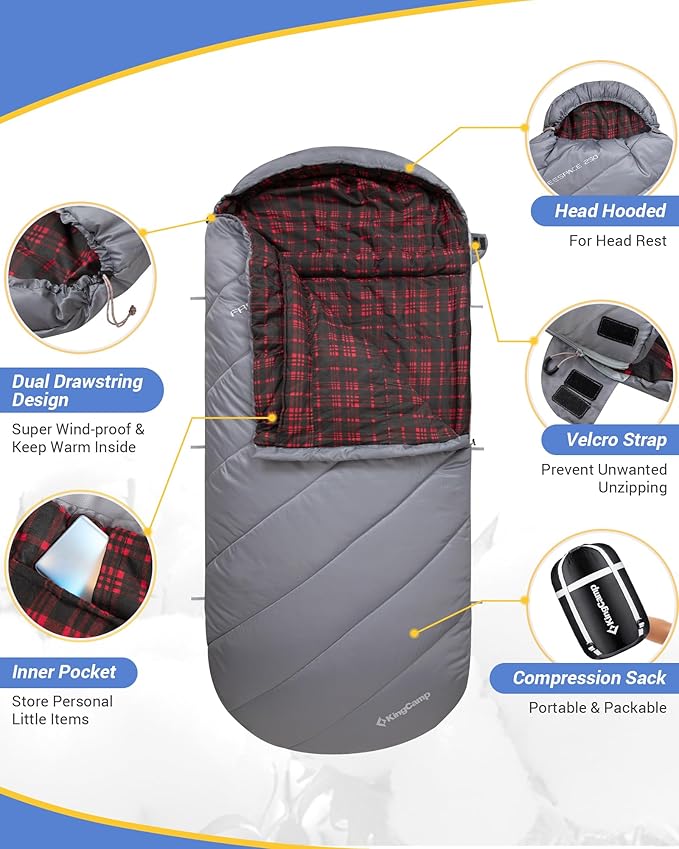 KingCamp Sleeping Bag for Adults Cold Weather &amp Warm Extra Wide Big &amp Tall XL Portable Waterproof Flannel Sleeping Bags Essentials Gear Accessories for Camping Backpacking Hiking Indoor &amp