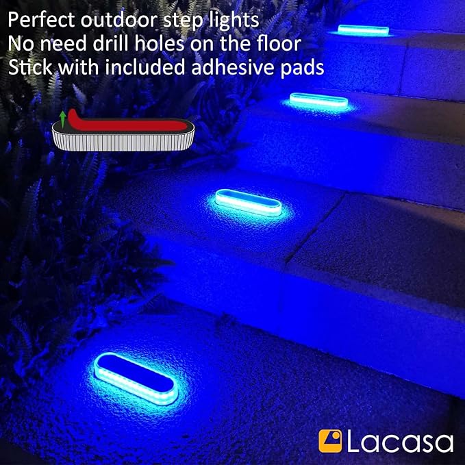 Lacasa Solar Deck Lights 4 Pack 40LM Solar Powered Step Lights Blue Light LED Dock Light Outdoor In-Ground Lights IP68 Waterproof Auto ON/Off for Garden Stairs Driveway Pathway Lighting