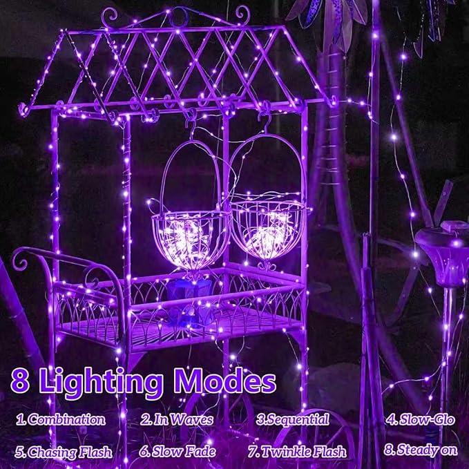 YEGUO 4 Pack Purple Solar Fairy Lights Each 33ft 100 LED Christmas Lights Outdoor Waterproof 8 Modes Sliver Wire Solar String Lights