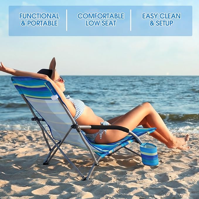 Huwena 2 Pack Beach Chair for Adult with 2 Umbrella Low Folding Chair Detachable Adjustable Lightweight with Armrests Cup Holder Carry Bag Portable for Sand Camping Travel Outdoor Pool(Yellow Green)