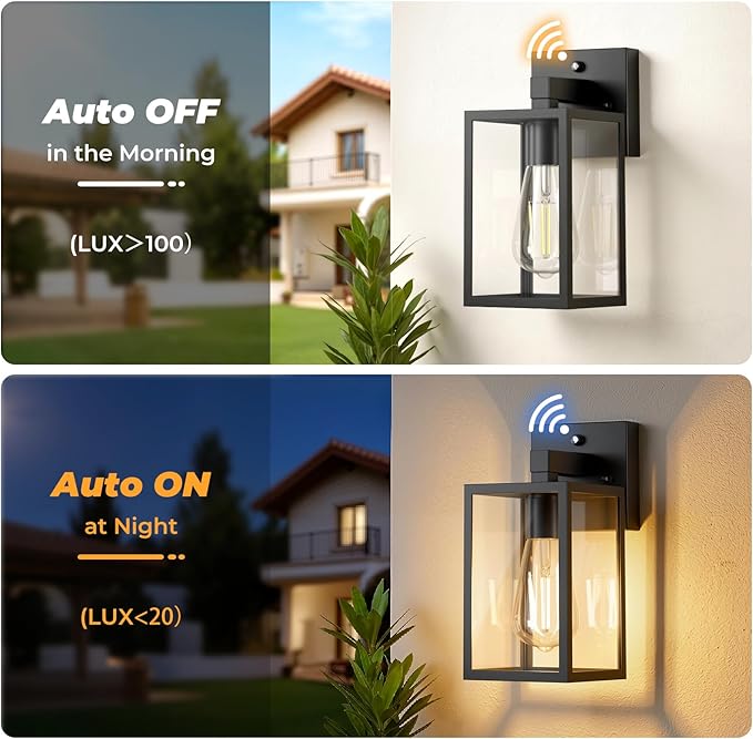 FOLKSMATE 2 Pack Dusk to Dawn Outdoor Wall Light Fixtures Exterior Porch Light Waterproof Wall Sconces Lanterns Sensor Lighting Wall Mount for House Doorway Garage Black