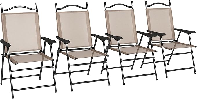 Outsunny Folding Patio Chairs Set of 4 Sports Chairs for Adults Camping Chairs with Armrests Breathable Mesh Fabric Seat for Lawn Brown
