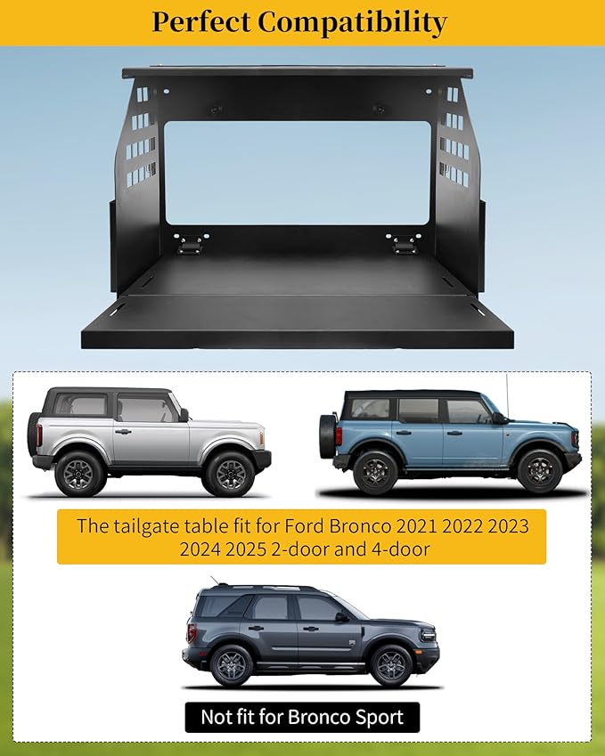 Pre-Assembled Rear Door Tailgate Foldable Table Heavy Duty Foldable Tailgate Table with Molle Panel Fit for Ford Bronco 2/4 Door 2021-2025. Can be Installed Quickly