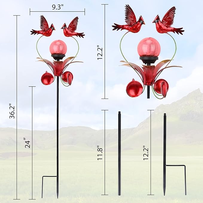 VCUTEKA Cardinal Solar Lights Outdoor Metal Garden Stake Waterproof Crackle Glass Globe Garden Decor Cardinal for Pathway Lawn Patio Yard
