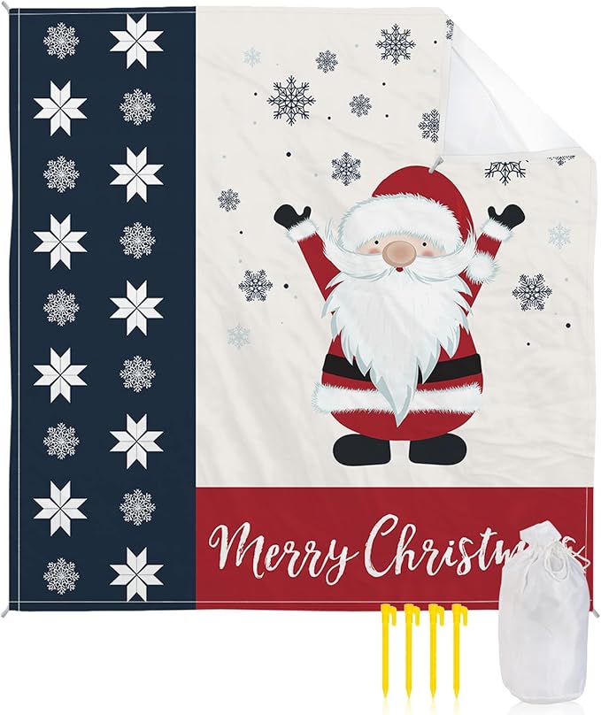 Beach Blanket Waterproof Sandproof Christmas Snowflakes and Cute Dwarf Quick Drying Beach Mat with 4 Stakes Red White and Blue Lightweight Picnic Blanket for Travel Camping Outdoor 95x80