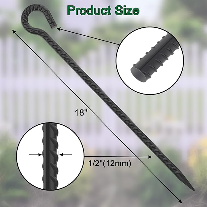 18 Inch Rebar Stakes with Loop 12 Pack Camping Tent Ground Anchors Heavy Duty 1/2 Inch Diameter Metal Tree Stakes and Supports for Leaning Trees Dog Tie Out Stake Garden Rope Fence Stakes Black
