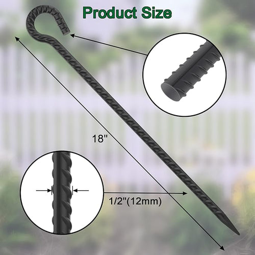 18 Inch Rebar Stakes with Loop 12 Pack Camping Tent Ground Anchors Heavy Duty 1/2 Inch Diameter Metal Tree Stakes and Supports for Leaning Trees Dog Tie Out Stake Garden Rope Fence Stakes Black