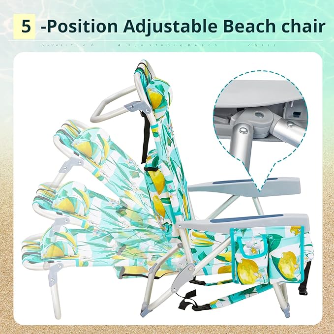 Backpack Beach Chairs for AdultsFolding Heavy Duty Camping Chair with Large Pockets and Cup HolderBeach Lounge Chairs with Towel Rack for OutdoorTravel (Lemon)