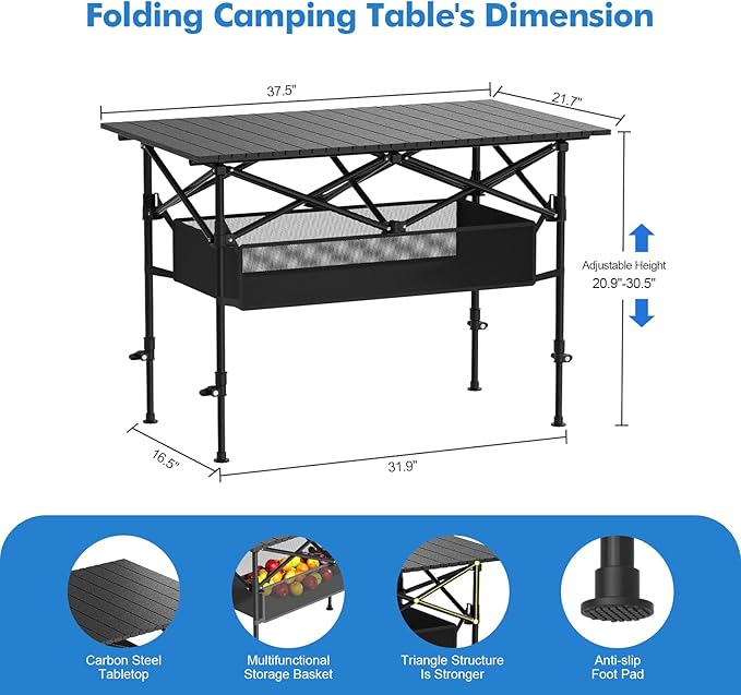 Camping Table Folding Portable Lightweight Roll Up Camp Table Adjustable Height with Carry Bag Indoor Outdoor for Camping Picnic Backyard BBQ Patio Black